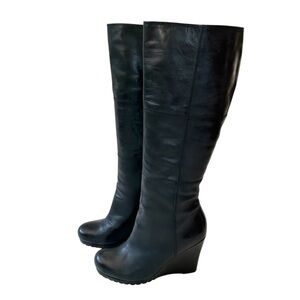 Pegabo Leather Black Knee-High Wedge Boots